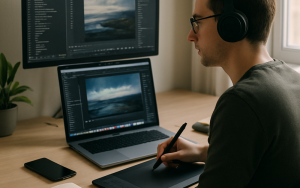 Arbeit mit verschiedenen KI Suchmaschinen, Chats und Tools. Symbolbild, KI-generiert.